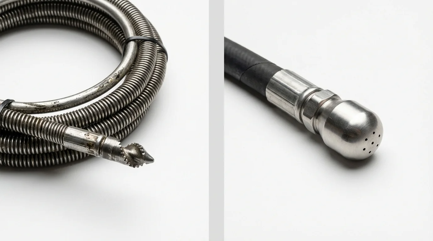 Drain snake cable and hydro jetting nozzle used for drain cleaning in Boston, MA