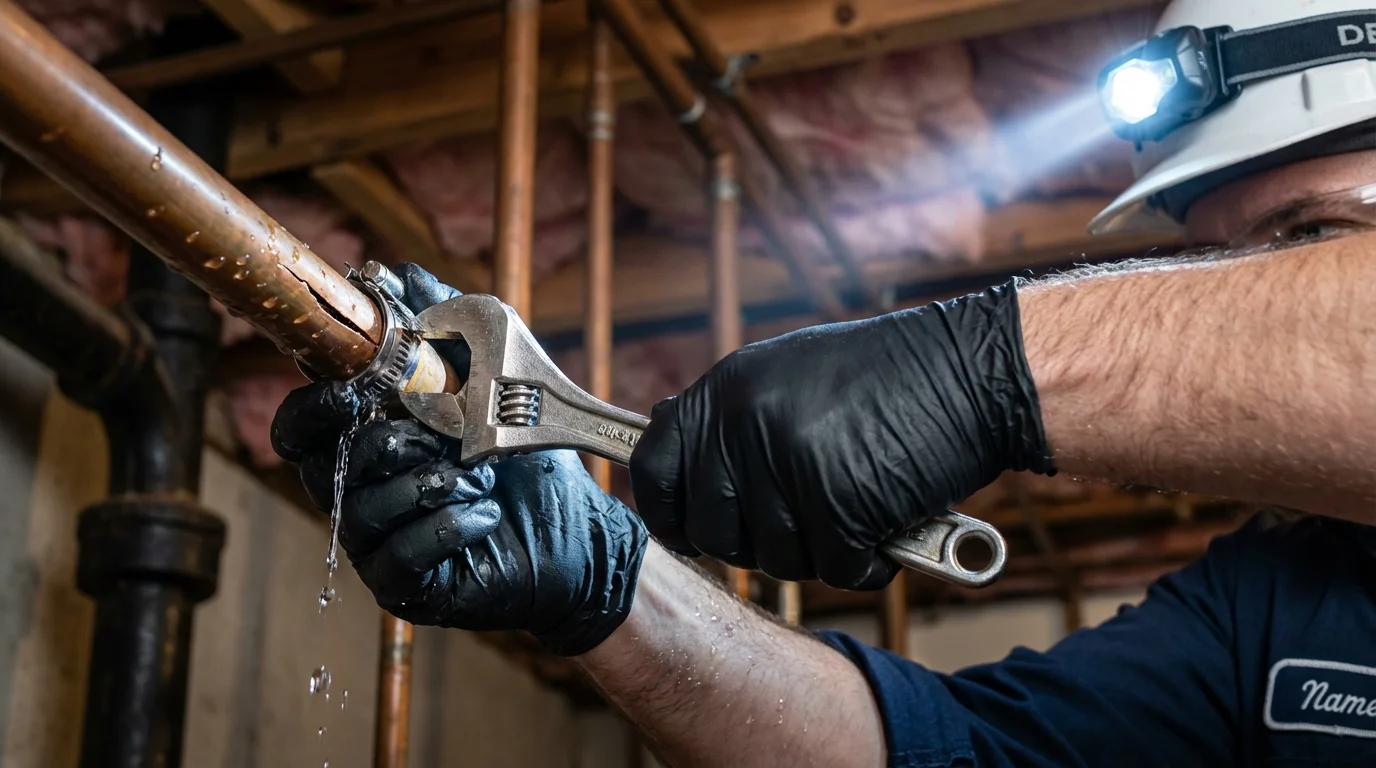 Emergency pipe clamp repair being performed by a Johns Plumbing LLC plumber in Boston