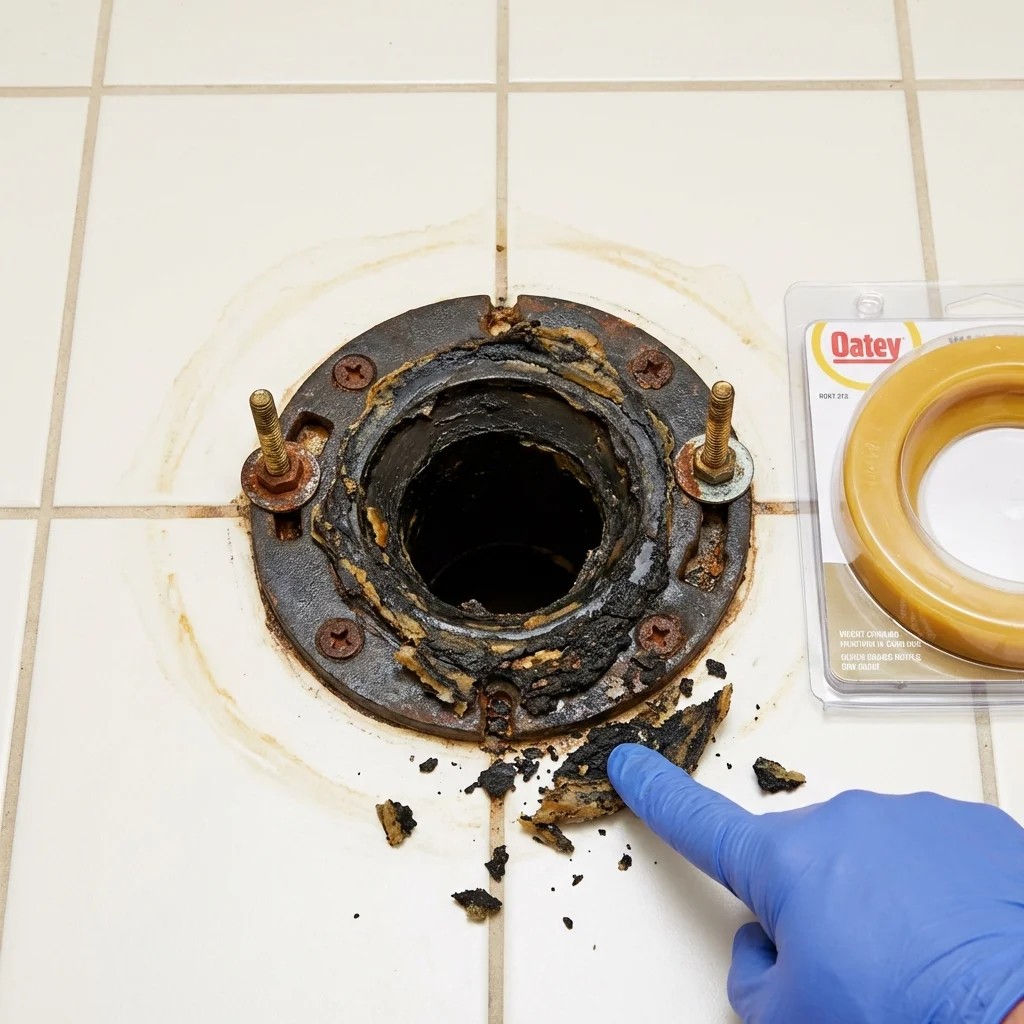 Failed wax ring showing water seepage at the base of a toilet in a Boston, MA home