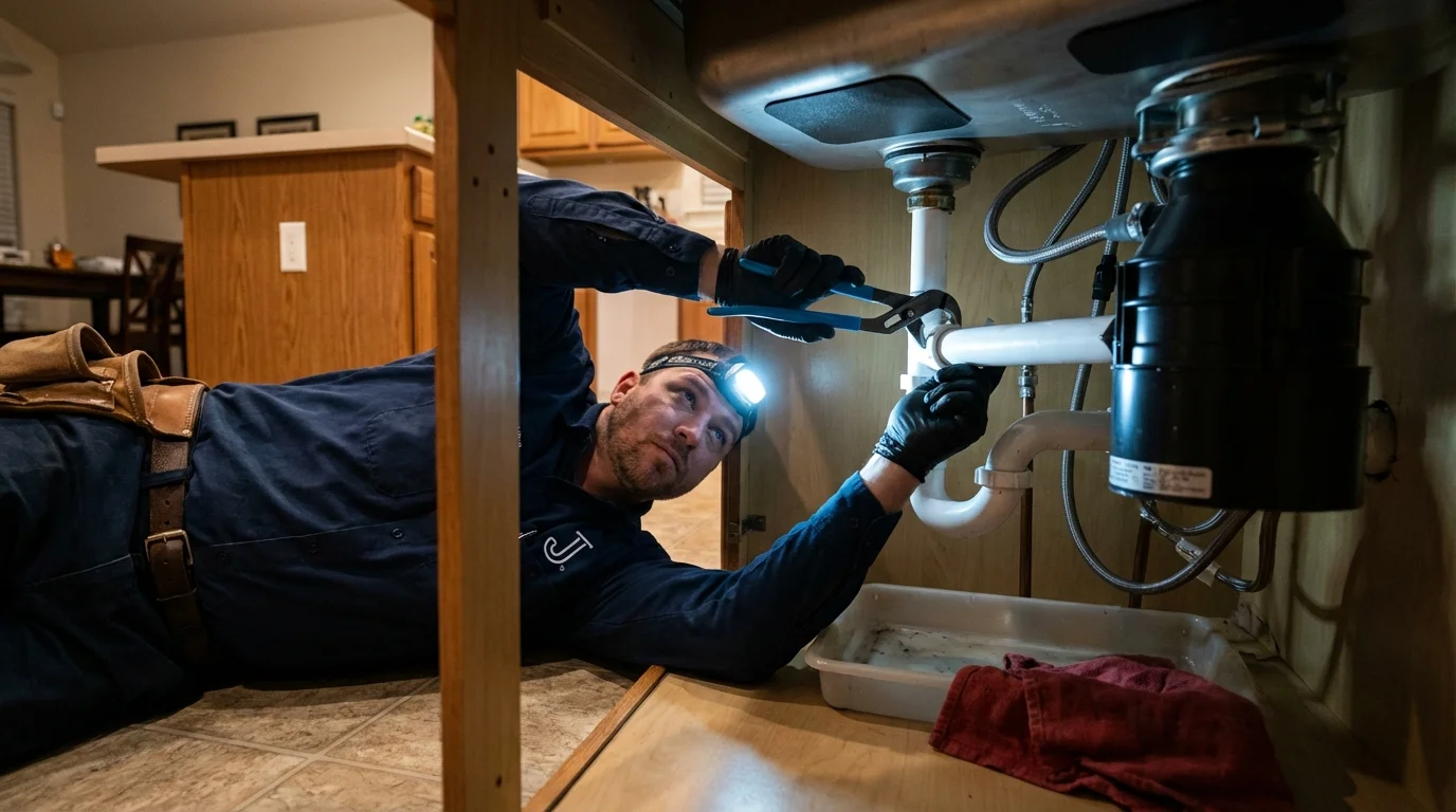 P-trap and supply line connections under a kitchen sink showing a common leak point in Boston, MA