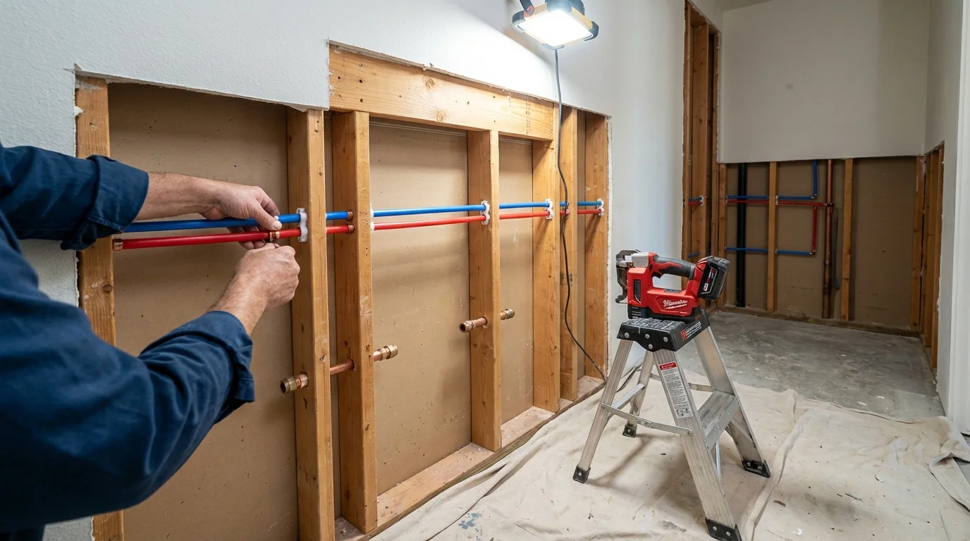 Old galvanized pipes being replaced with modern PEX piping during a whole-house repipe in Boston, MA